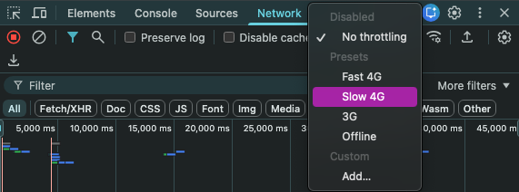 busy menu at the top the item Network is highlighted and there is a drop down menu with a list of network speed where Slow 4G is highlighted
